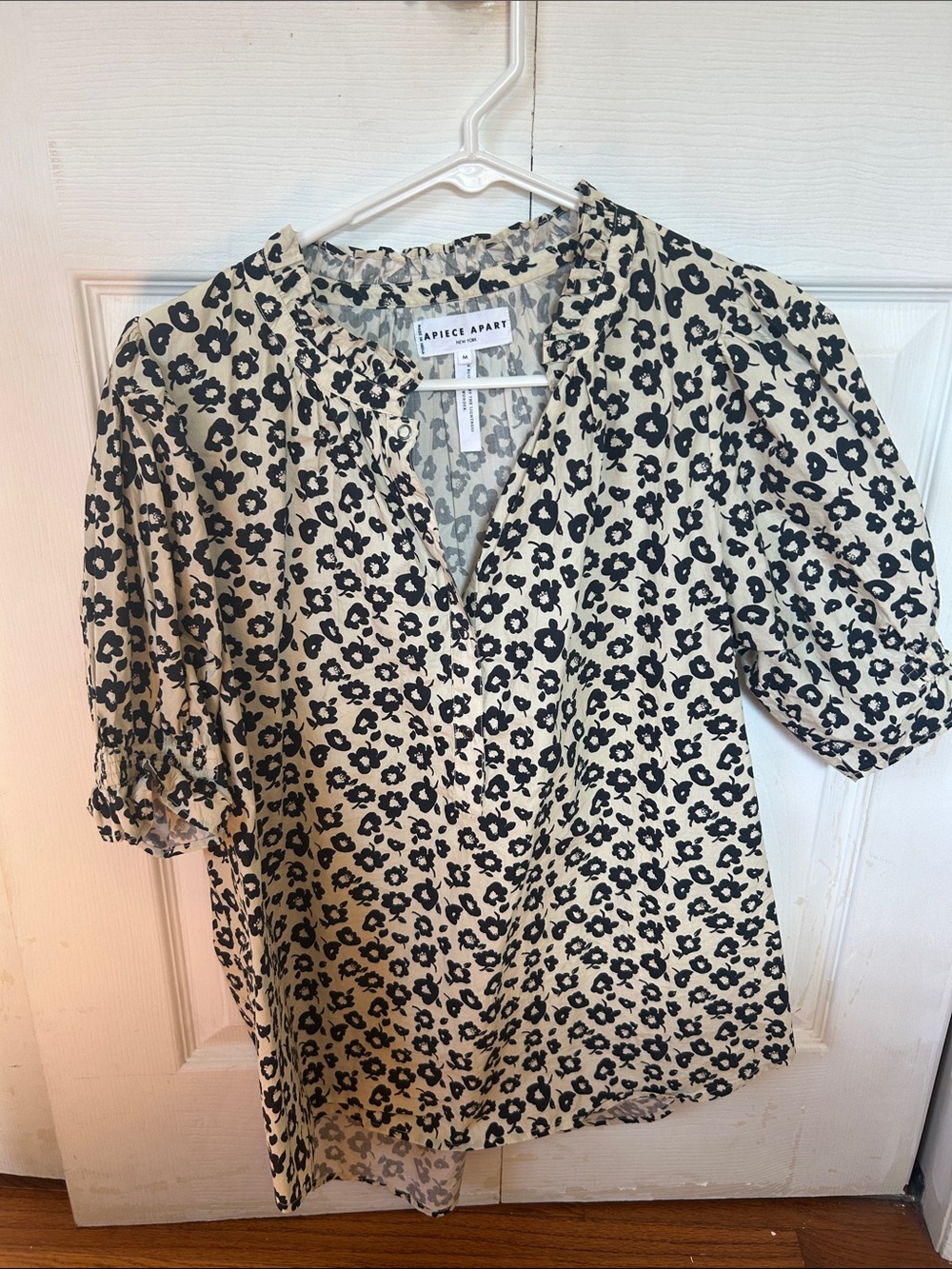 Apiece Apart Cream and Black Floral Puff-Sleeve Blouse